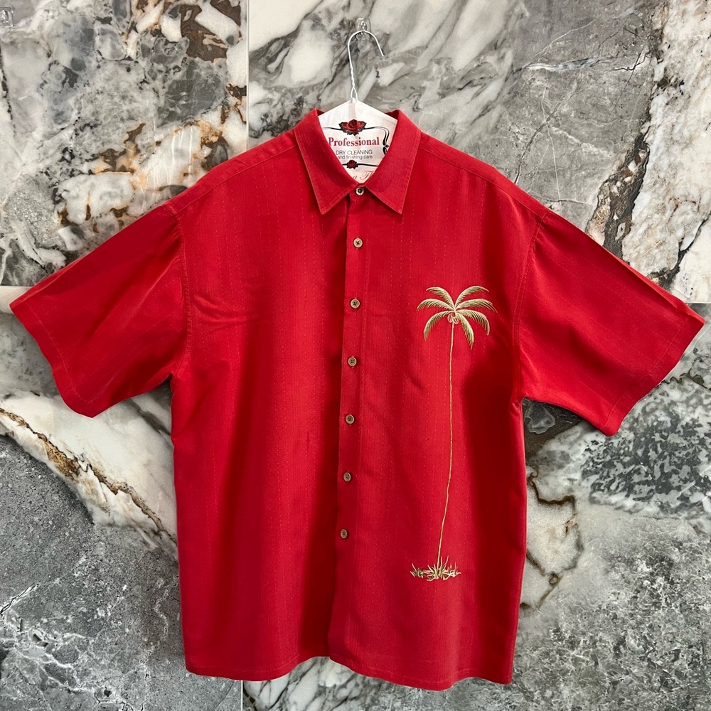 Bamboo Cay Red Casual Button Down Shirt with Palm Tree